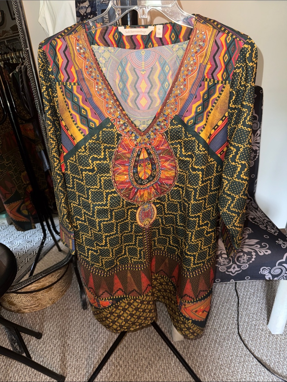 Soft Surroundings Multicolor Embroidered V-Neck Tunic in Black, Yellow, Orange